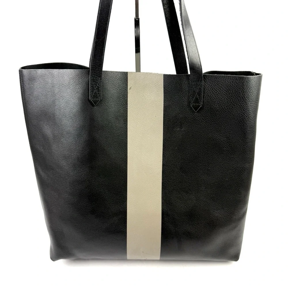 Madewell Transport Paint Stripe Tote Bag Black Gray Leather Urban Commuter